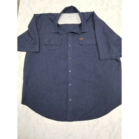 Orvis Mens Size XXL Casual Stretch Short Sleeve Polyester‎ Button Up blue shirt - Picture 1 of 12